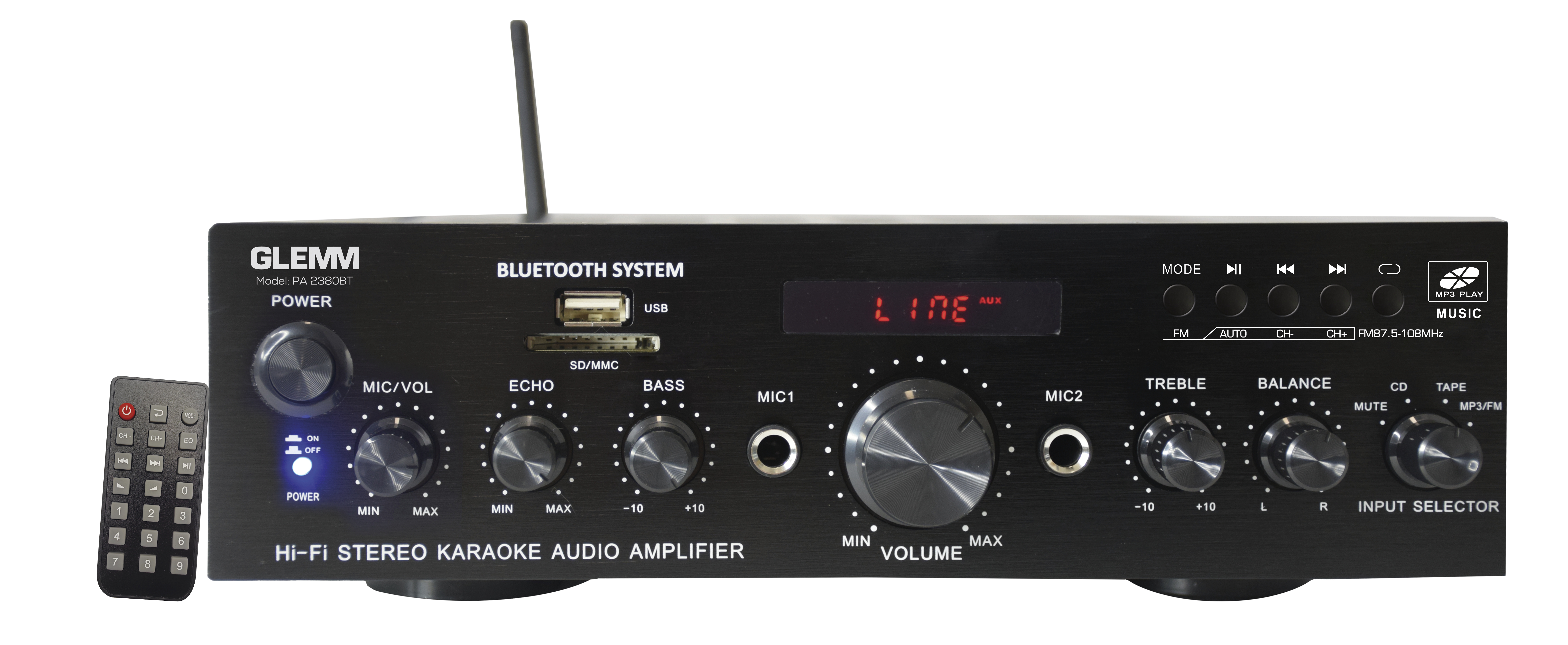 Amplificatore stereo 2x50W Display, MP3, Bluetooth - Glemm PA 2380BT